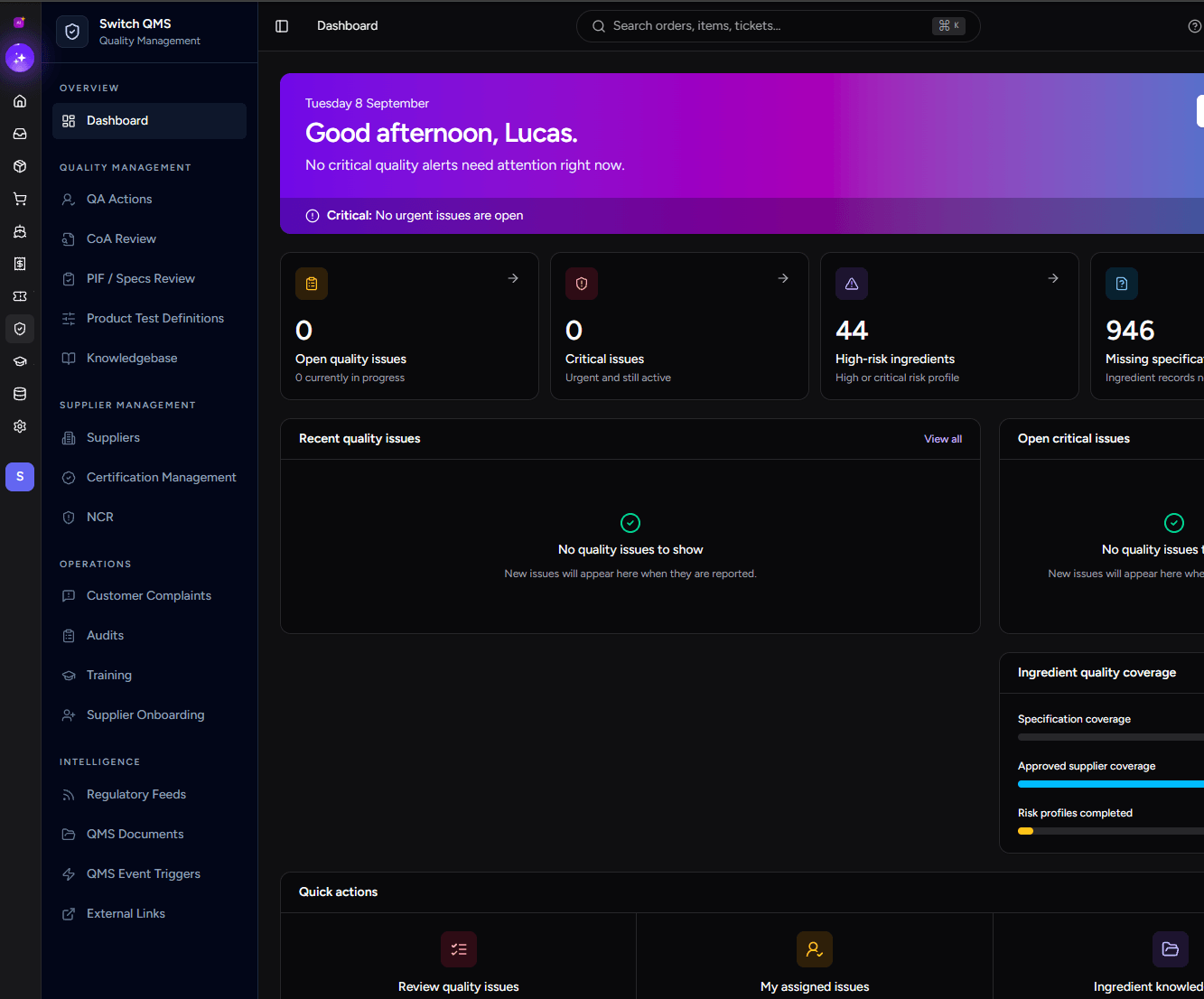 Switch QMS dashboard showing quality issues, ingredient risks, specification coverage, and quality management tools