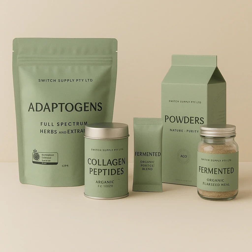 Private label product range including pouches, tins, and jars